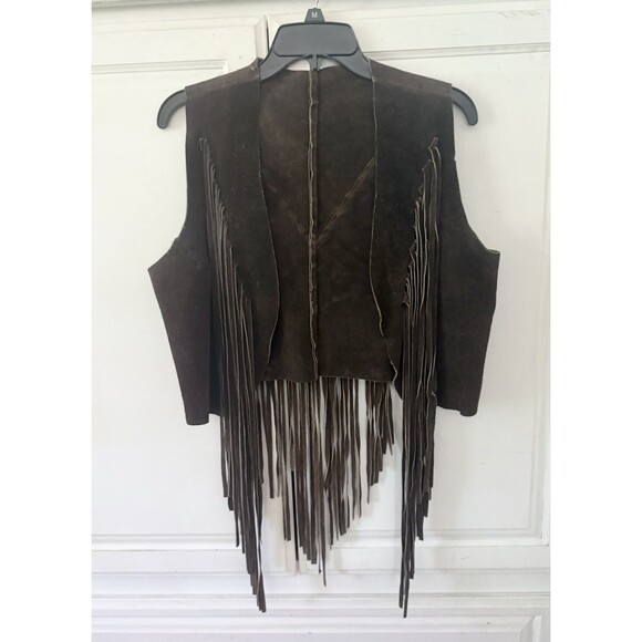 Unbranded Jackets & Blazers - 1960s 1970s Vintage Brown Suede Leather Fringe Vest Western Women's Mended Sz Lg
